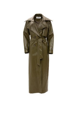 KHAKI FAUX LEATHER TRENCH COAT