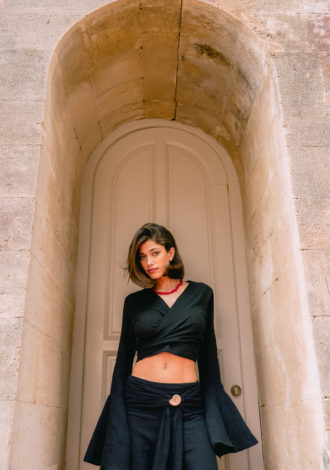 CORAL WRAP BLOUSE BLACK