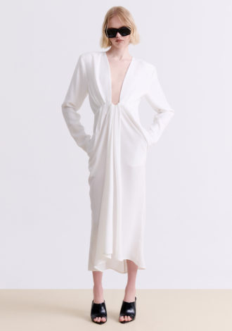 WHITE DRAPED MIDI DRESS