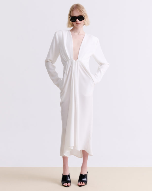 WHITE DRAPED MIDI DRESS