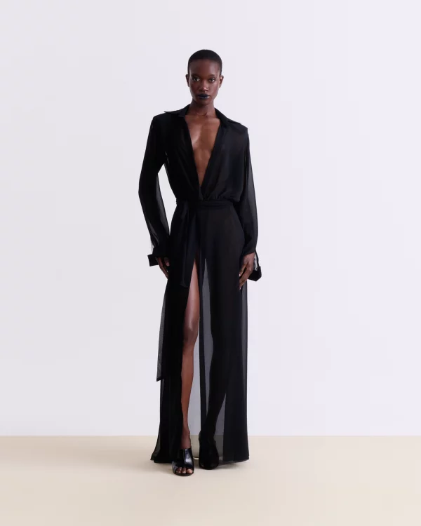 BLACK SILK SHEER MAXI DRESS